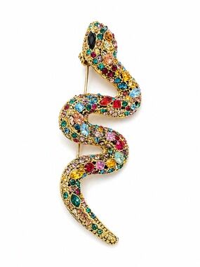 Vintage Style Snake Brooch Multicolor Rhinestone Gold Tone Statement Pin NEW